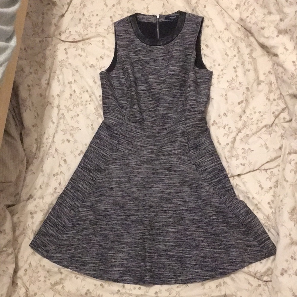 Madewell The Anywhere Tweed Leather Trim Midi A-Line Dress